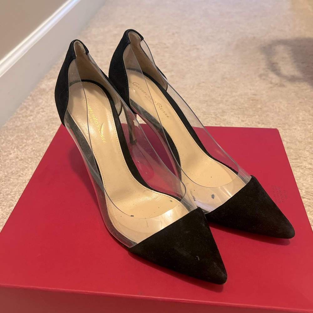 Gianvito Rossi Black Suede and Clear Point Toe Pumps